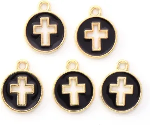 LiQunSweet 100 pcs Black Flat Round Hollow Cross Enamel Charms Religious Crucifix Jesus Charms for DIY Jewelry Bracelet Necklace Earring Craft Bag Keychain Decoration