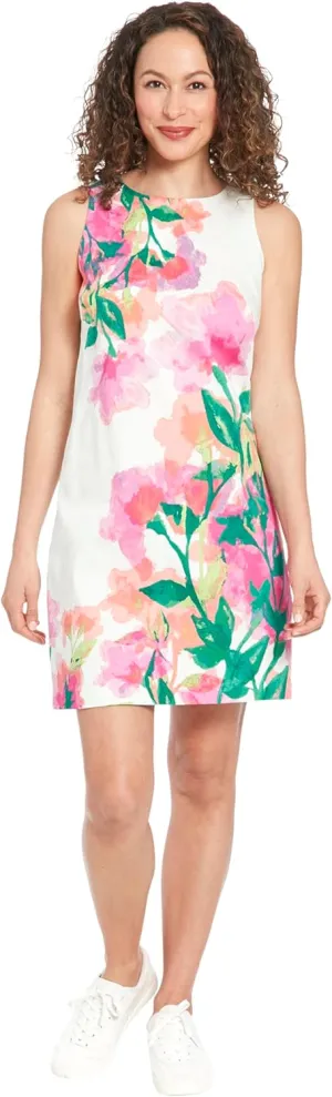 London Times Women's Dresses Women's Sleeveless Sheath Dress - High Neckline Knee-Length Silhouette - Versatile Summer Wedding Guest Dress, Soft White/Hot House Pink, 10