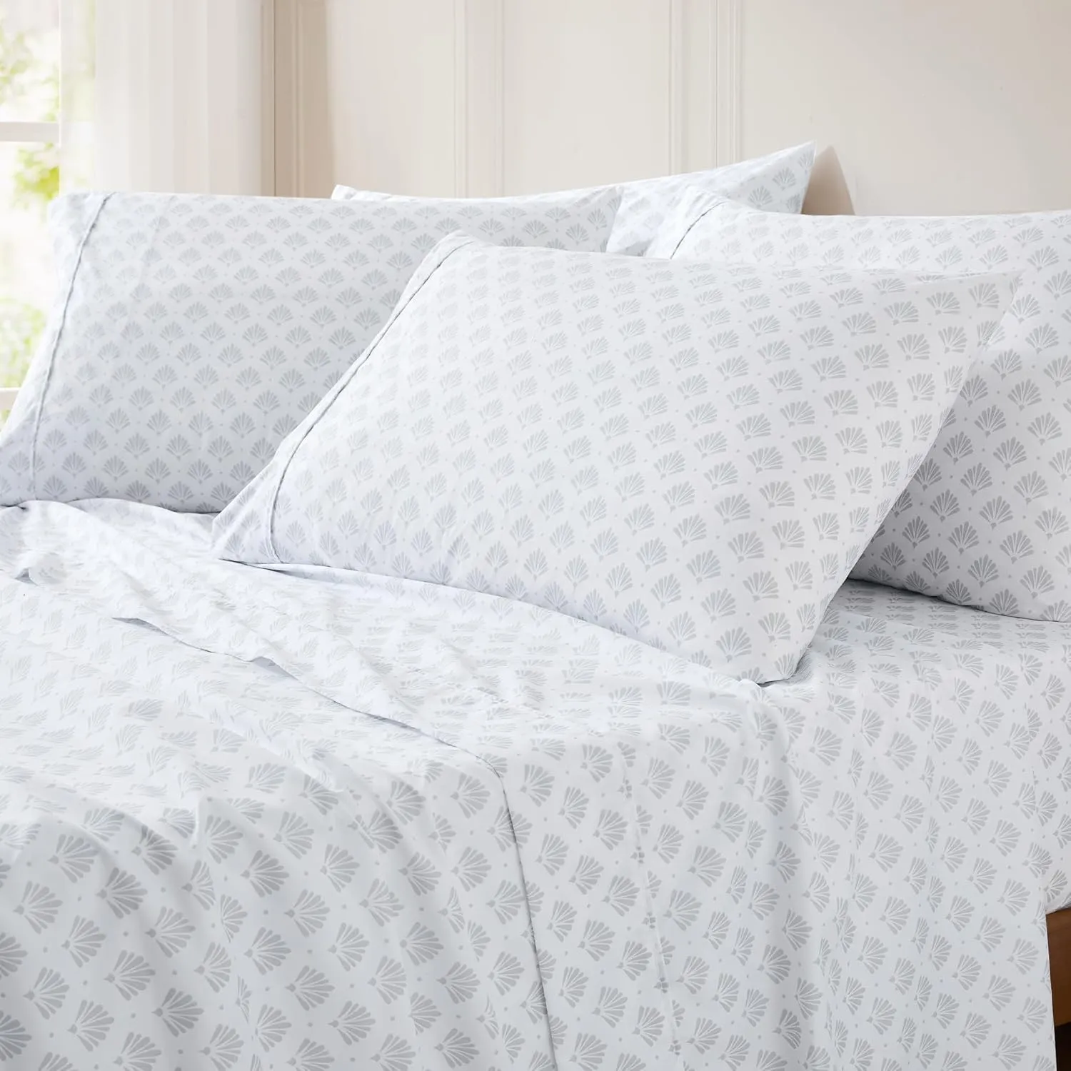 Lush Decor Scallop Fan Sheet Set 6 Piece Set King Gray - Geometric Bed Sheets - Art Deco Decor - King Sheets - Art Deco Bedroom - Transitional Decor