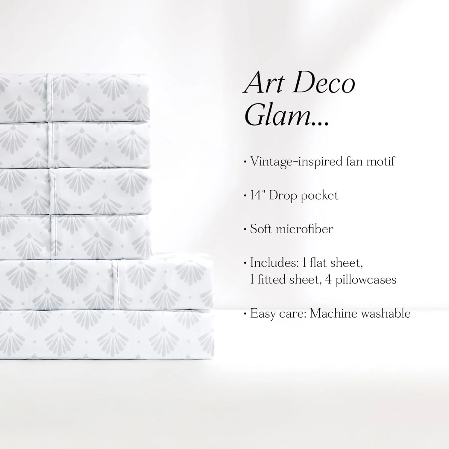 Lush Decor Scallop Fan Sheet Set 6 Piece Set King Gray - Geometric Bed Sheets - Art Deco Decor - King Sheets - Art Deco Bedroom - Transitional Decor