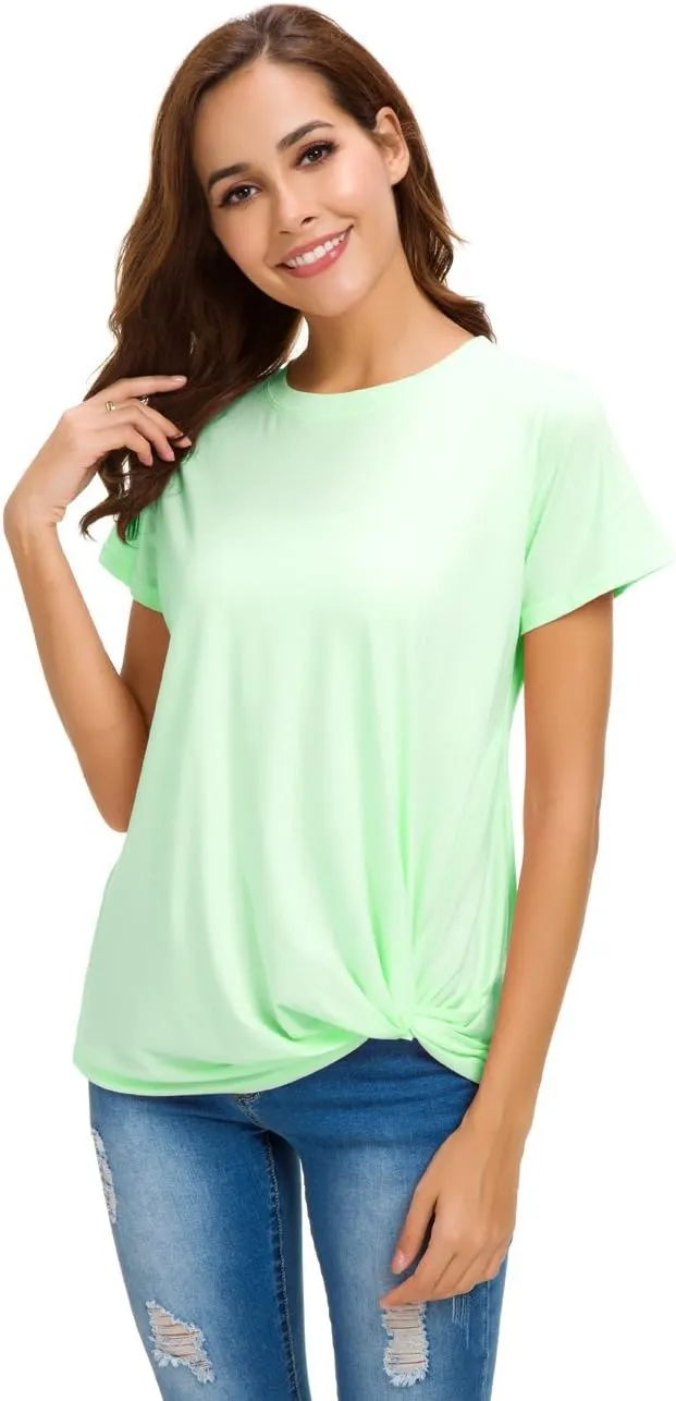 LUSMAY Womens Short Sleeve Loose Twist Knot Front T Shirts Cotton Casual Blouse