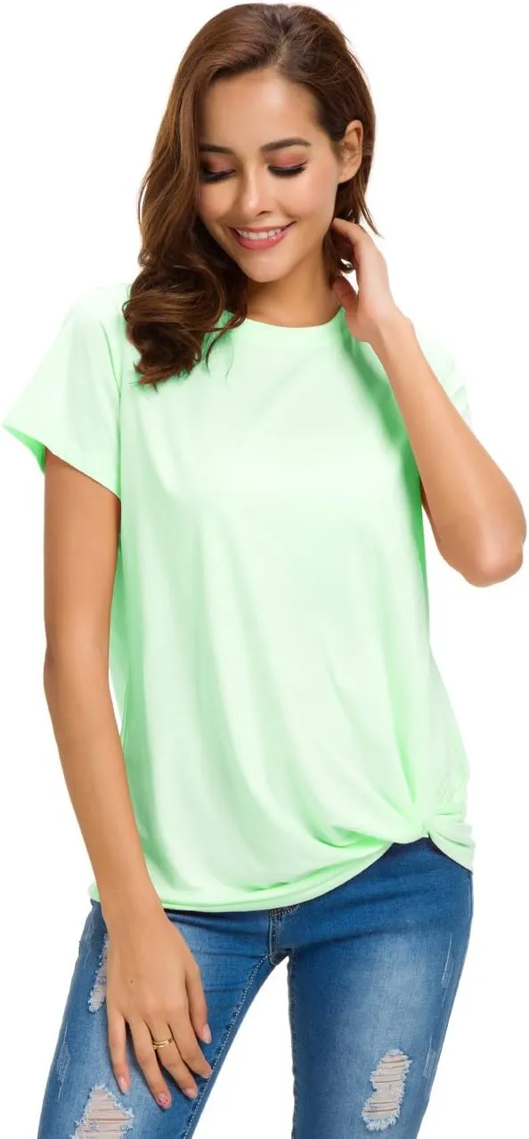 LUSMAY Womens Short Sleeve Loose Twist Knot Front T Shirts Cotton Casual Blouse
