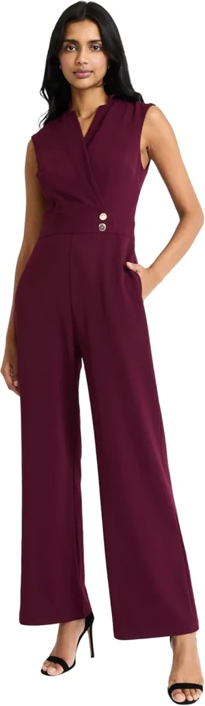 Maggy London womens Sleeveless Wide-leg Jumpsuit - V-neck Wrap Bodice With Fitted Waist - Elegant Formal Occasion Jumpsuit