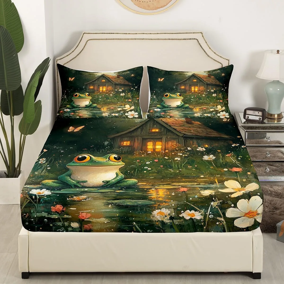 Manfei Lodge Frog Bed Sheet Queen Set,Rustic Cabin Jungle Wild Animal Starry Sheets Sets Bedroom Decor,Nature Daisy Flowers Lake Lotus Leaves Bedding Set with Flat,Fitted Sheet,2 Pillow Cases