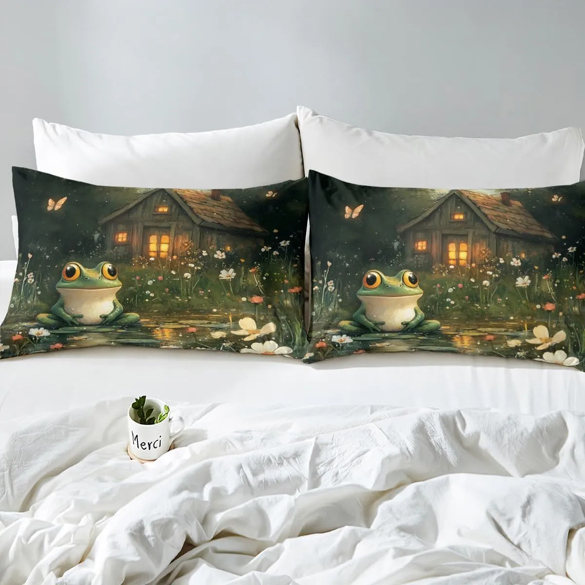 Manfei Lodge Frog Bed Sheet Queen Set,Rustic Cabin Jungle Wild Animal Starry Sheets Sets Bedroom Decor,Nature Daisy Flowers Lake Lotus Leaves Bedding Set with Flat,Fitted Sheet,2 Pillow Cases