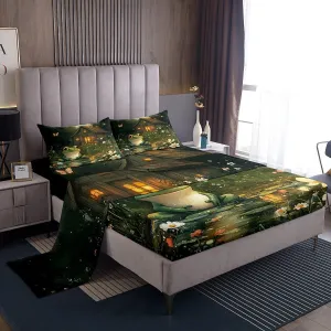 Manfei Lodge Frog Bed Sheet Queen Set,Rustic Cabin Jungle Wild Animal Starry Sheets Sets Bedroom Decor,Nature Daisy Flowers Lake Lotus Leaves Bedding Set with Flat,Fitted Sheet,2 Pillow Cases