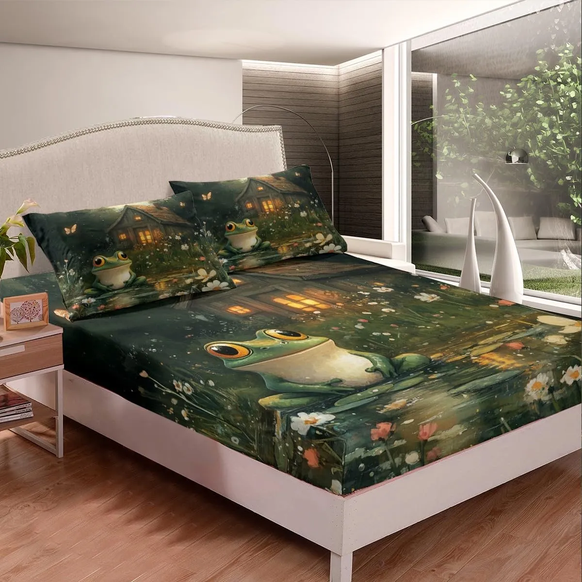 Manfei Lodge Frog Bed Sheet Queen Set,Rustic Cabin Jungle Wild Animal Starry Sheets Sets Bedroom Decor,Nature Daisy Flowers Lake Lotus Leaves Bedding Set with Flat,Fitted Sheet,2 Pillow Cases