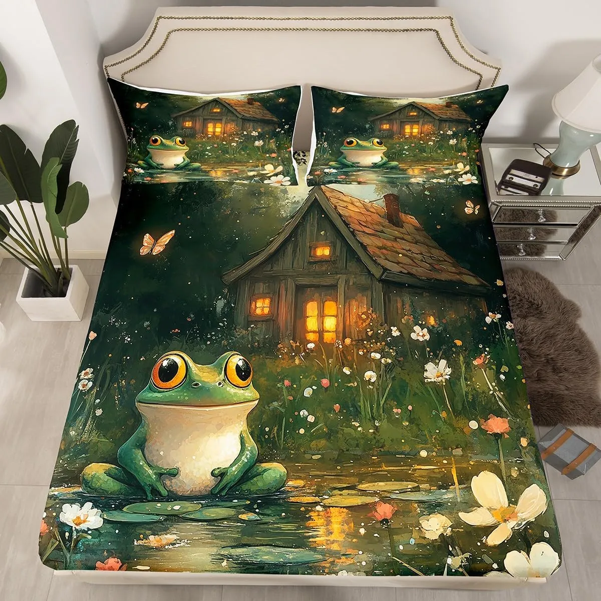 Manfei Lodge Frog Bed Sheet Queen Set,Rustic Cabin Jungle Wild Animal Starry Sheets Sets Bedroom Decor,Nature Daisy Flowers Lake Lotus Leaves Bedding Set with Flat,Fitted Sheet,2 Pillow Cases