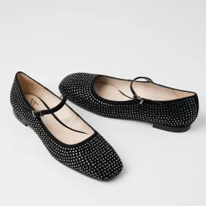 Marian Black Suede & Crystal Ballerina Shoes