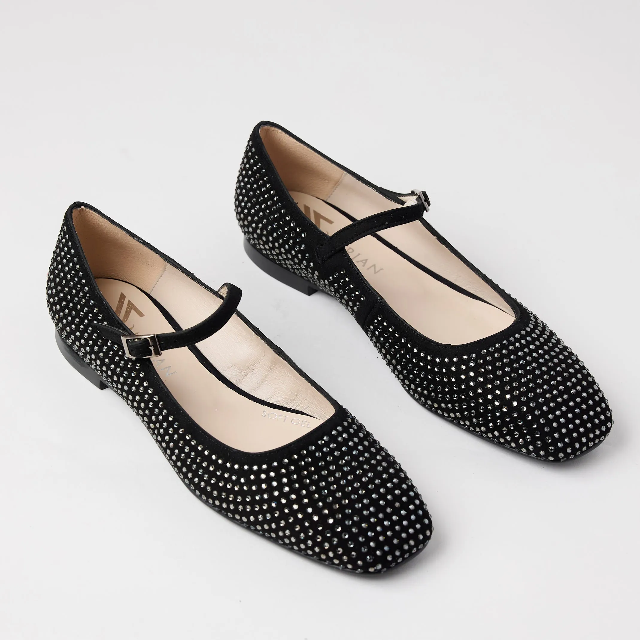 Marian Black Suede & Crystal Ballerina Shoes