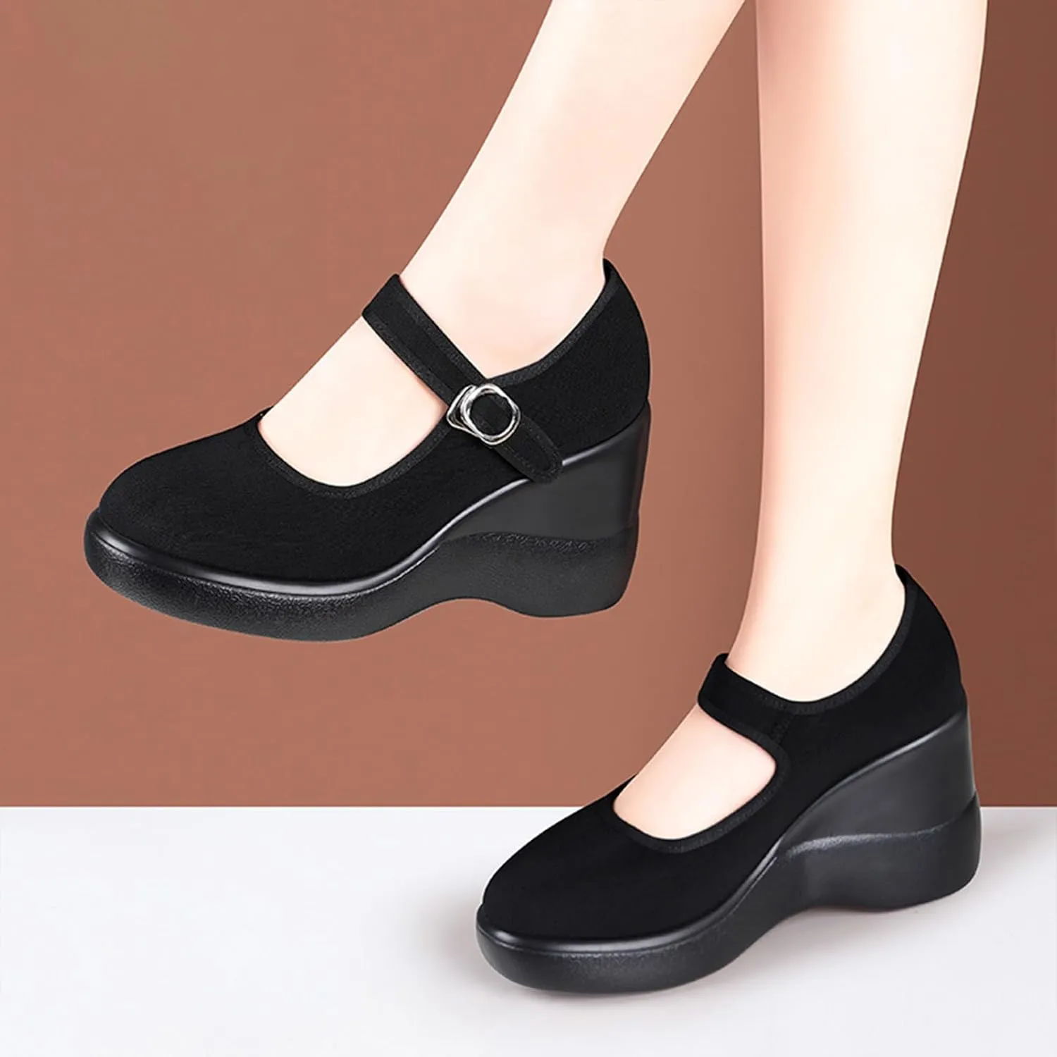 MDIOEP Women's Platform Wedge Height Increasing Mary Jane Shoes with Ankle Strap Comfortable Round Toe Lightweight Orthopedics Walking Shoes Casual High Heel Wedges