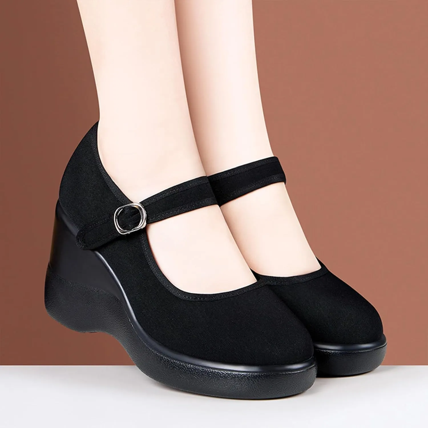 MDIOEP Women's Platform Wedge Height Increasing Mary Jane Shoes with Ankle Strap Comfortable Round Toe Lightweight Orthopedics Walking Shoes Casual High Heel Wedges