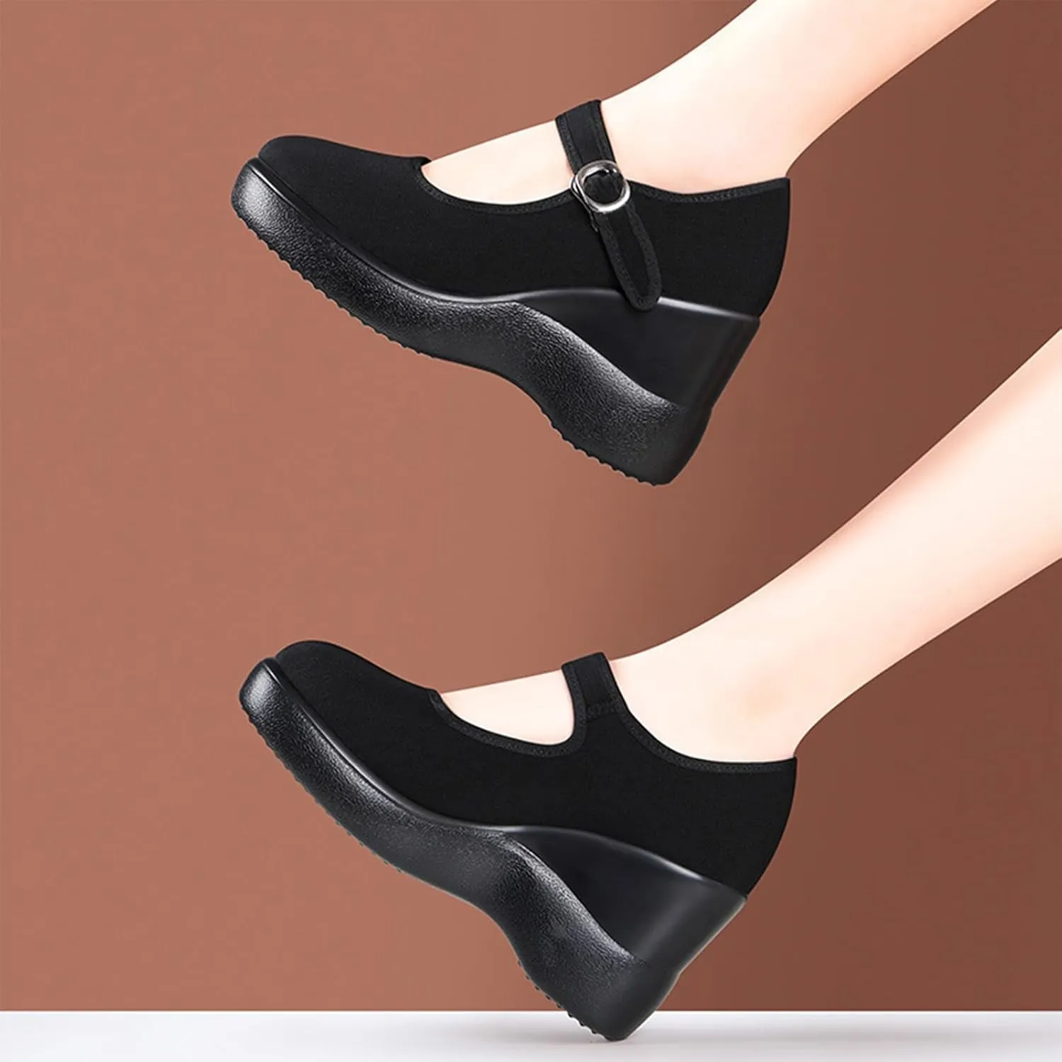 MDIOEP Women's Platform Wedge Height Increasing Mary Jane Shoes with Ankle Strap Comfortable Round Toe Lightweight Orthopedics Walking Shoes Casual High Heel Wedges