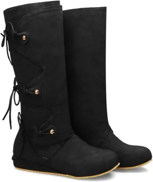 Medieval Male Female Renaissance Pirate Boots Mid Calf Gothic PU Leather Boots Lace Up Vintage Stage Viking Flat Tied Shoes