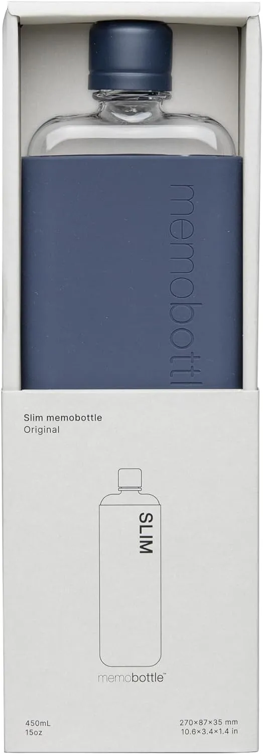 memobottle SLIM (Midnight Blue) Bundle - 15oz (450ml) - Bottle, silicone sleeve & lid | Sleek, Slim & Flat Water Bottle for Bags & Laptops | BPA Free Tritan | Ideal for Daily Use | Modern