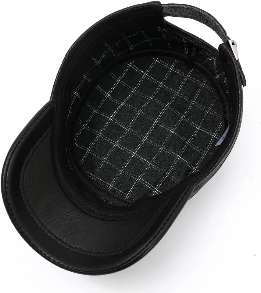 Men Lambskin Leather Cadet Army Caps Military Caps Flat Top Cap
