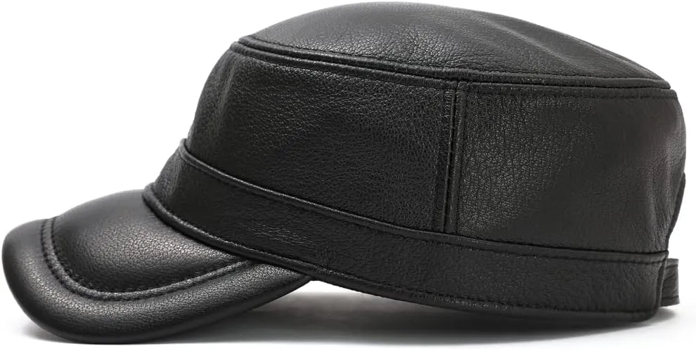 Men Lambskin Leather Cadet Army Caps Military Caps Flat Top Cap