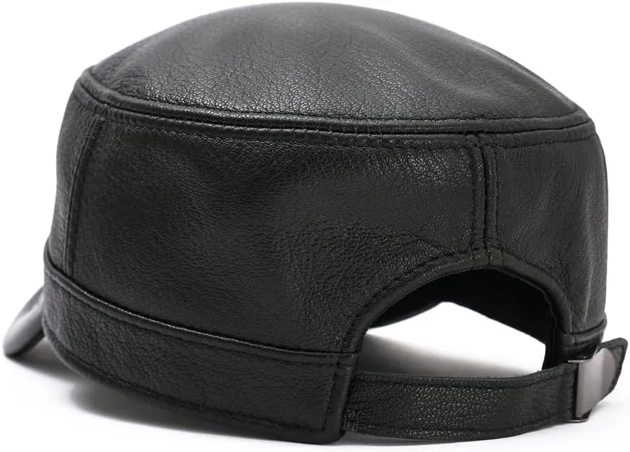 Men Lambskin Leather Cadet Army Caps Military Caps Flat Top Cap