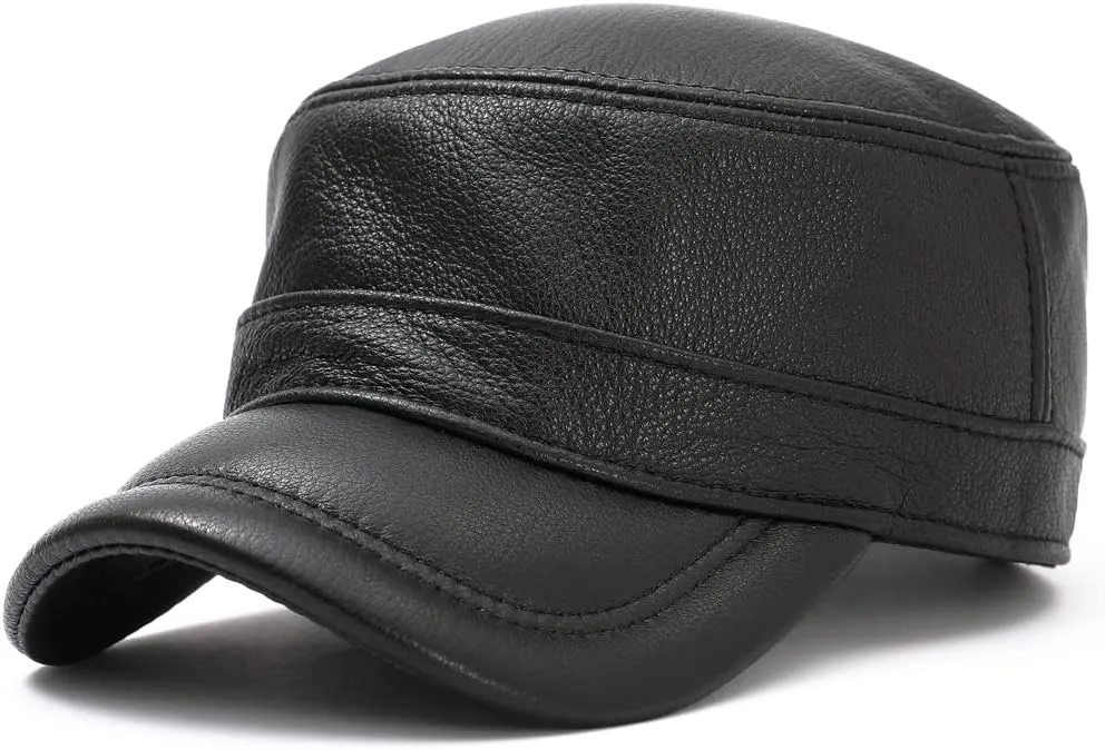 Men Lambskin Leather Cadet Army Caps Military Caps Flat Top Cap