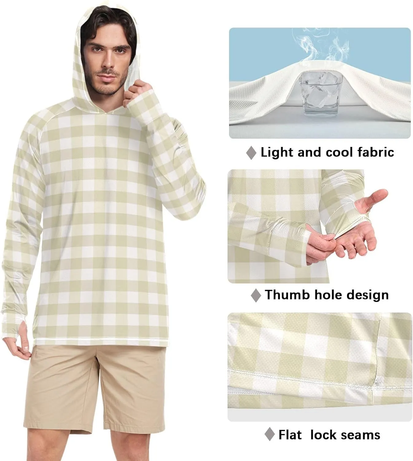 Men Sun Protection Hoodies Long Sleeve Cream Plaid UPF 50   Mens Sun Shirts Sun Proof Shirts Men UV Rash Guards