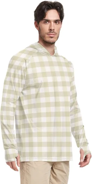 Men Sun Protection Hoodies Long Sleeve Cream Plaid UPF 50   Mens Sun Shirts Sun Proof Shirts Men UV Rash Guards