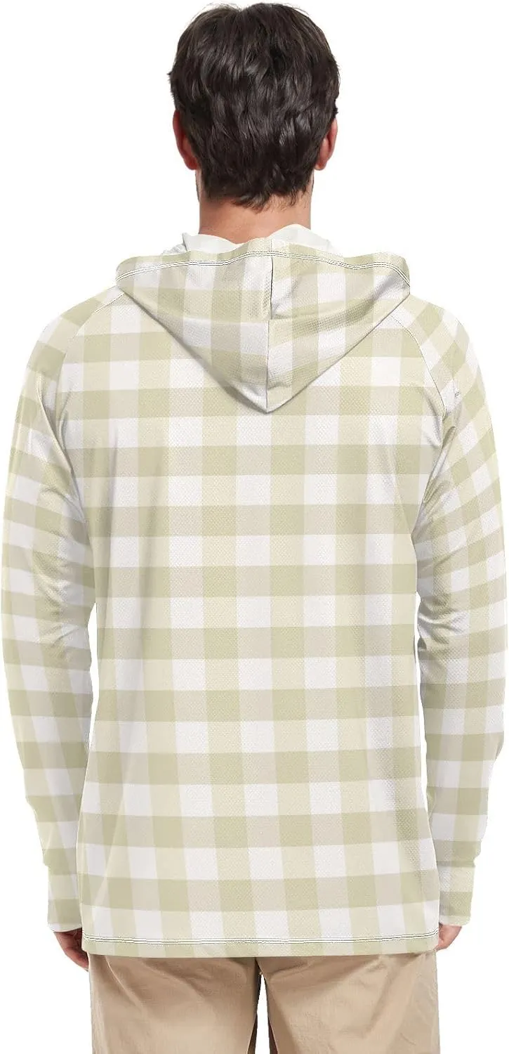Men Sun Protection Hoodies Long Sleeve Cream Plaid UPF 50   Mens Sun Shirts Sun Proof Shirts Men UV Rash Guards