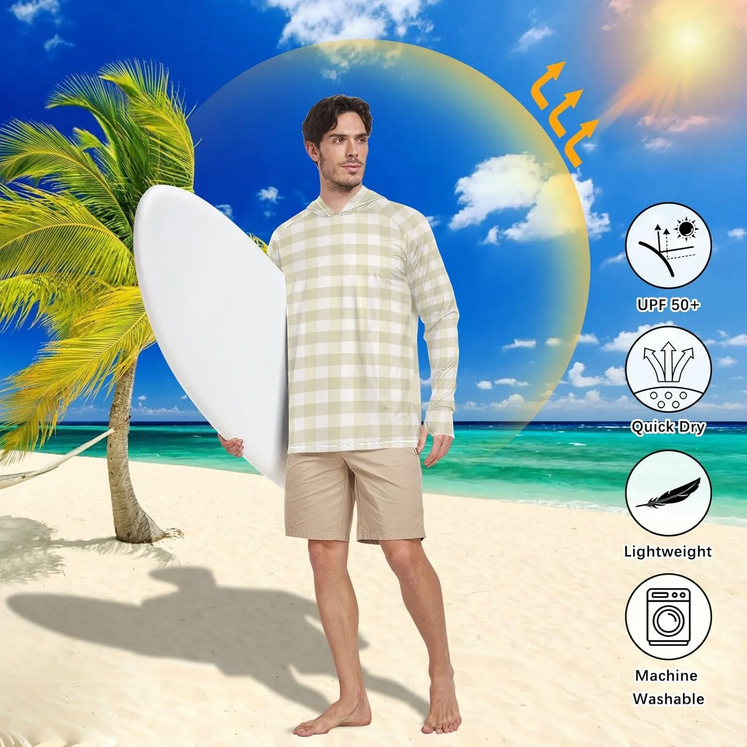 Men Sun Protection Hoodies Long Sleeve Cream Plaid UPF 50   Mens Sun Shirts Sun Proof Shirts Men UV Rash Guards