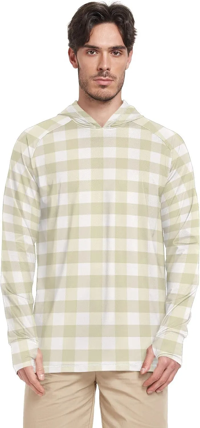Men Sun Protection Hoodies Long Sleeve Cream Plaid UPF 50   Mens Sun Shirts Sun Proof Shirts Men UV Rash Guards