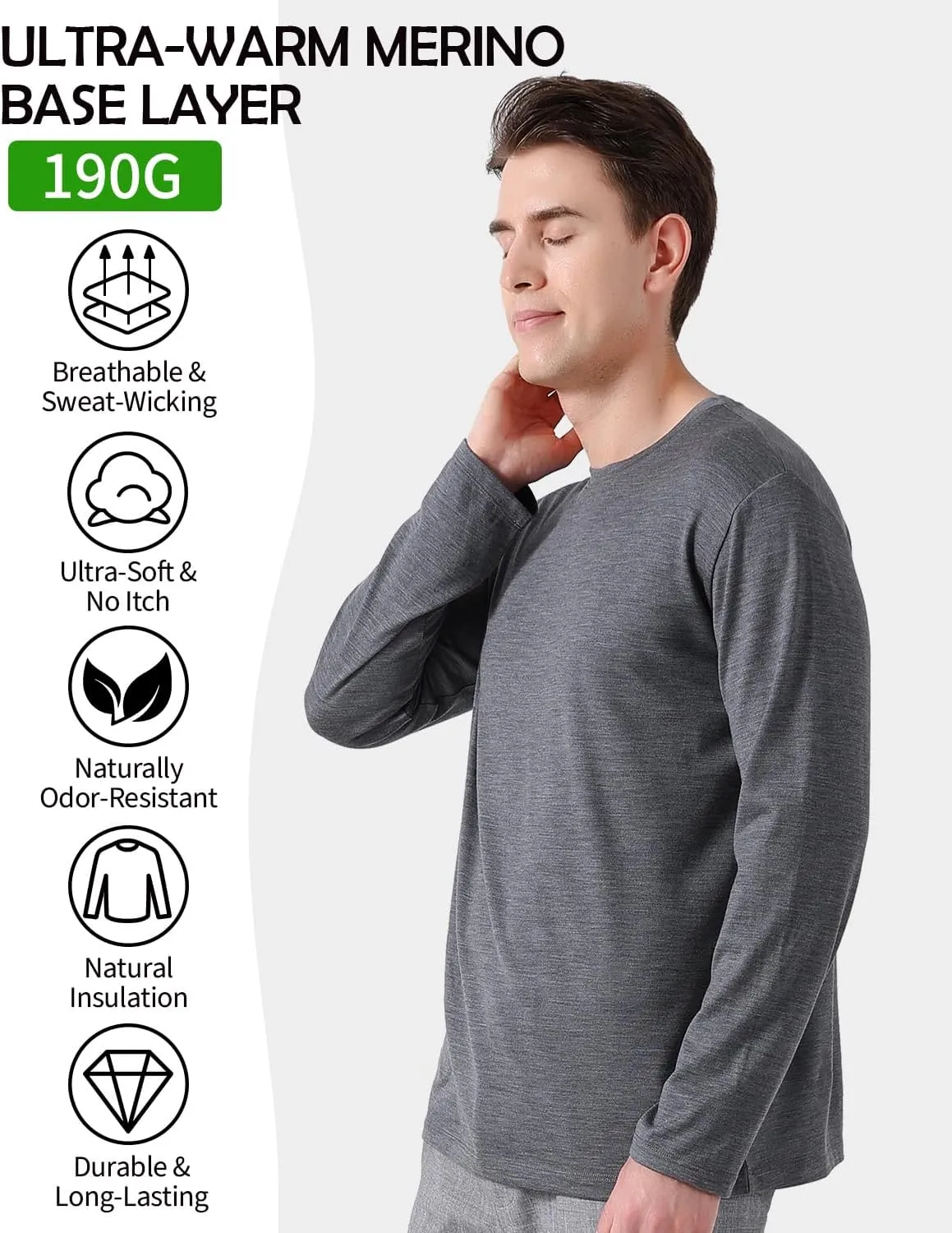 Mens 100% Merino Wool Base Layer Midweight Merino Wool Long Sleeve Thermal Shirts for Men, Ultra Comfort & Soft