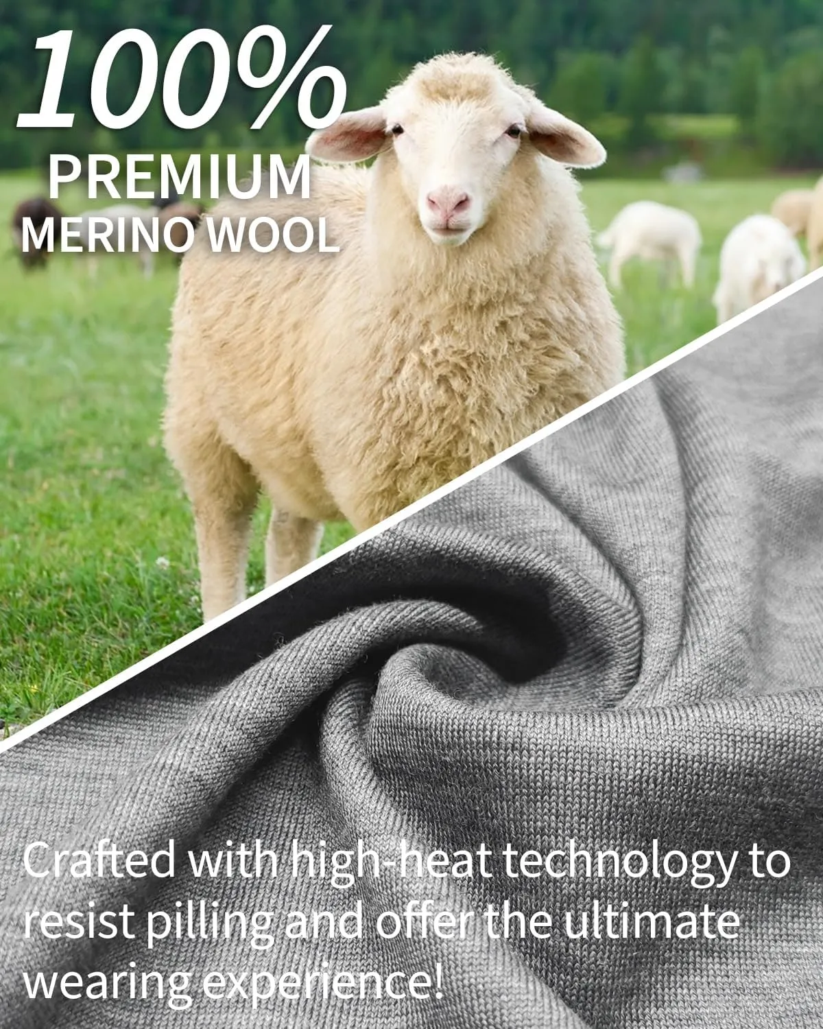Mens 100% Merino Wool Base Layer Midweight Merino Wool Long Sleeve Thermal Shirts for Men, Ultra Comfort & Soft