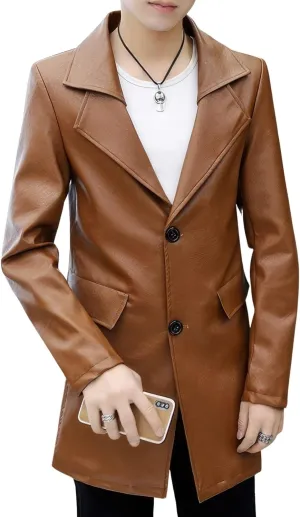 Men's Brown Sheepskin Biker Leather Trench Coat – Single-Breasted, Classic England Style for Casual, Moto & Scooter Riders
