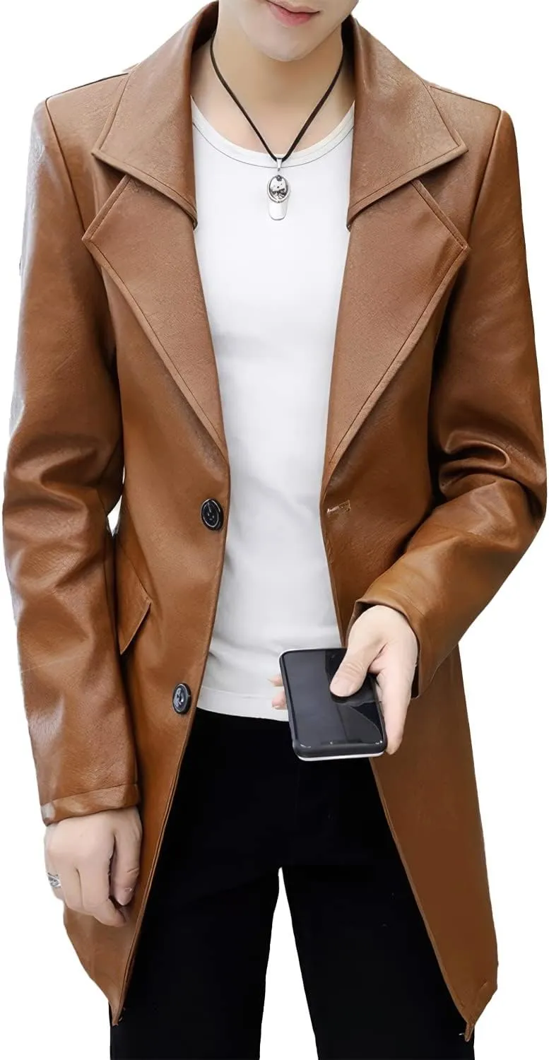 Men's Brown Sheepskin Biker Leather Trench Coat – Single-Breasted, Classic England Style for Casual, Moto & Scooter Riders