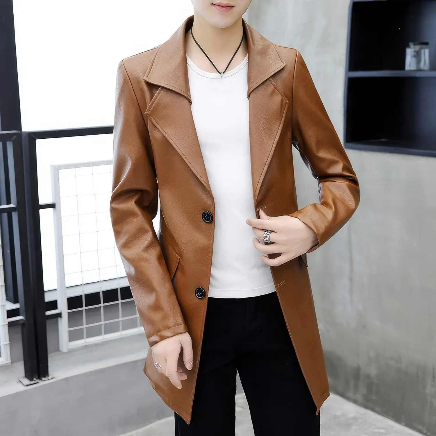 Men's Brown Sheepskin Biker Leather Trench Coat – Single-Breasted, Classic England Style for Casual, Moto & Scooter Riders