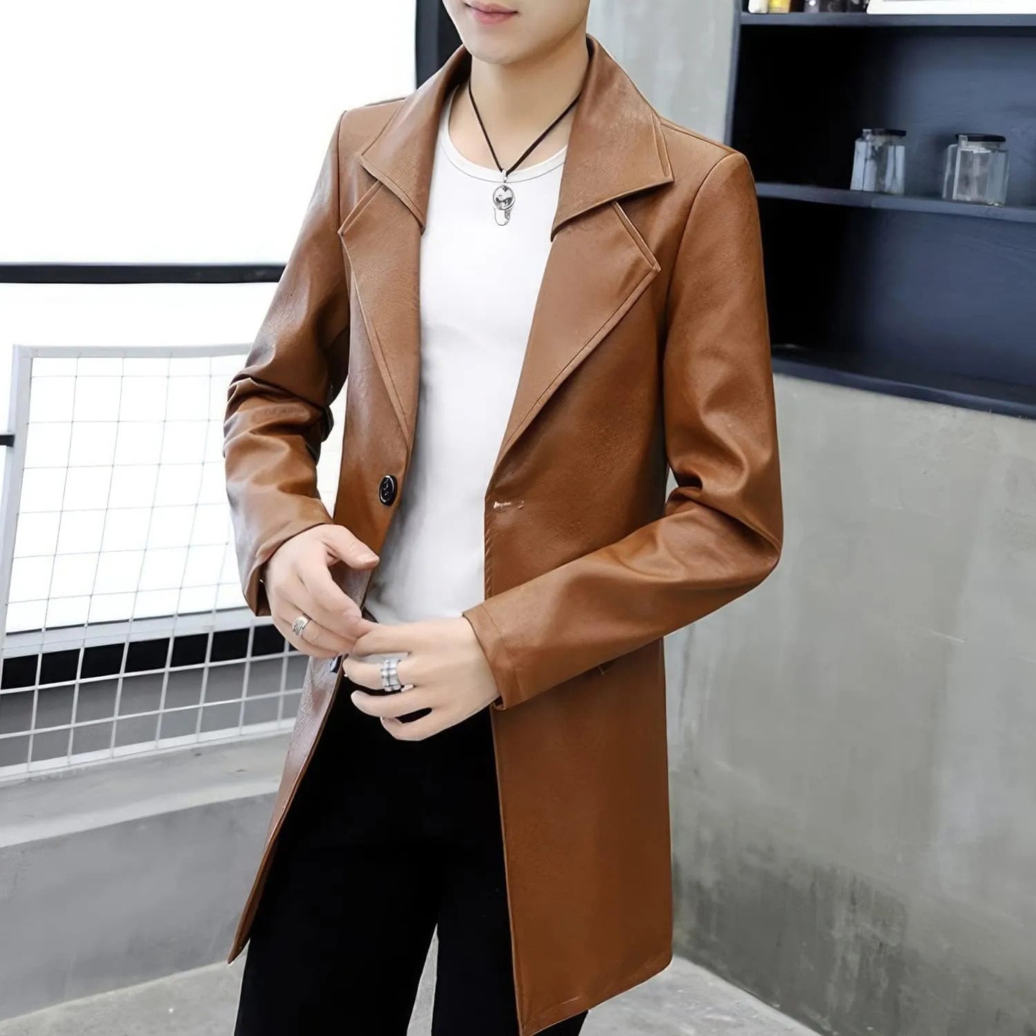 Men's Brown Sheepskin Biker Leather Trench Coat – Single-Breasted, Classic England Style for Casual, Moto & Scooter Riders
