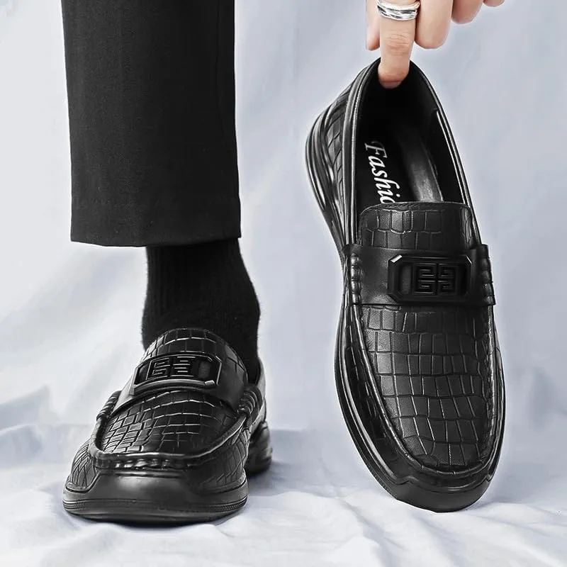 Men's Crocodile-Embossed Leather Loafers Fashion Square Toe Design Slip-Resistant Sole for Weddings and Special Occasions