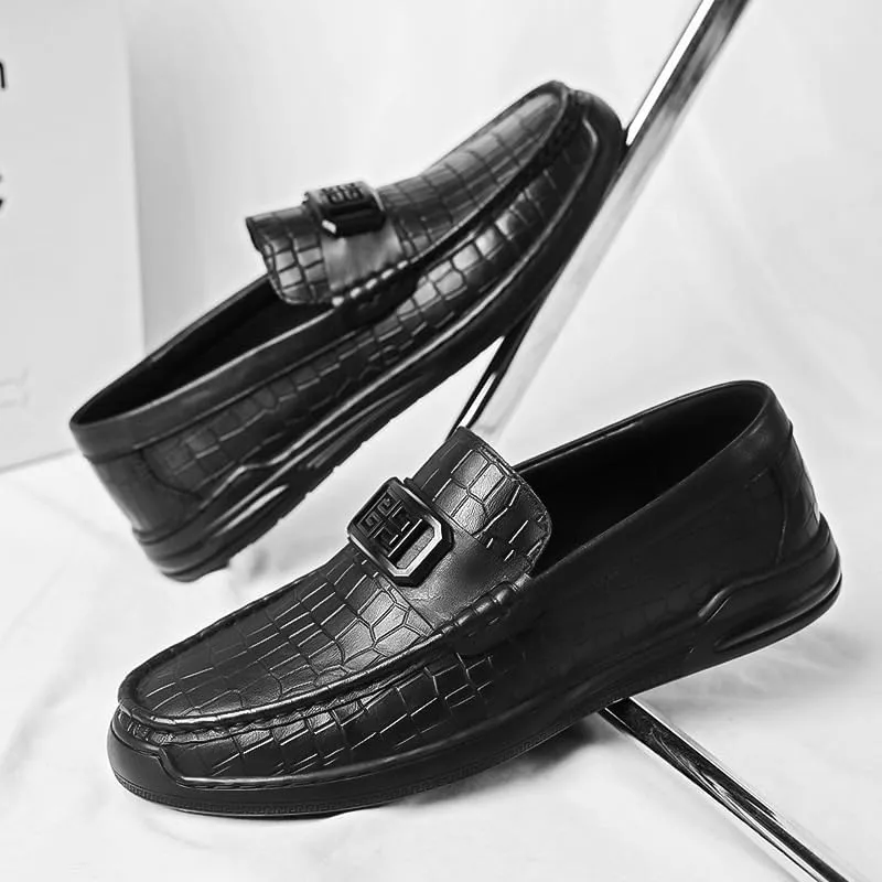 Men's Crocodile-Embossed Leather Loafers Fashion Square Toe Design Slip-Resistant Sole for Weddings and Special Occasions