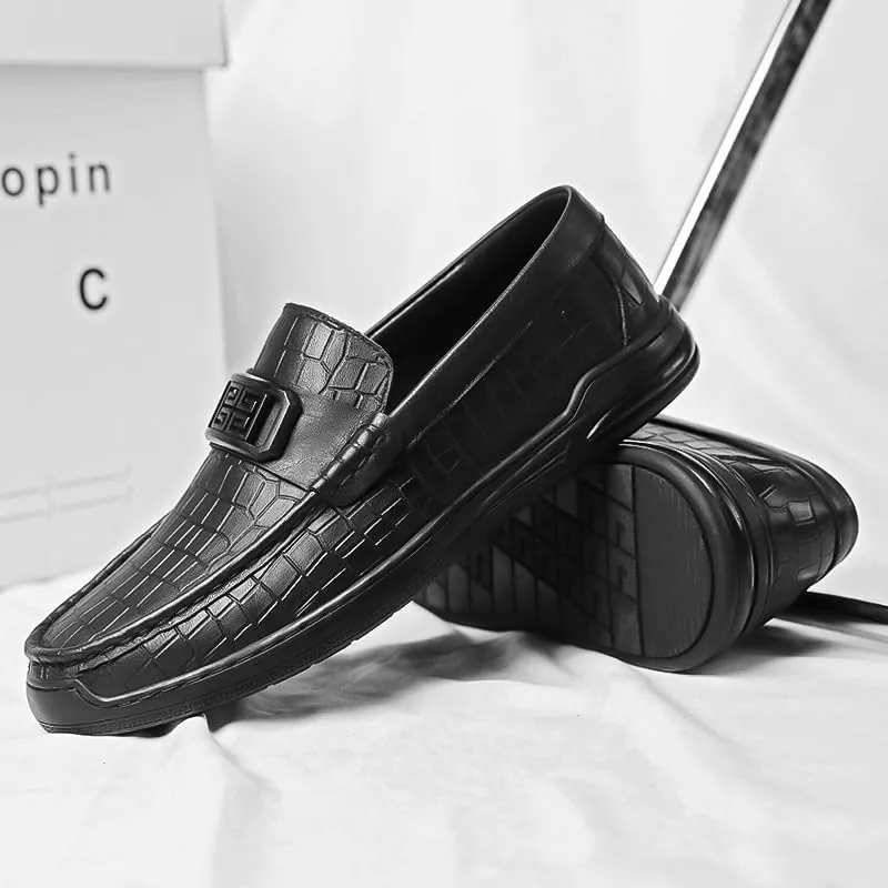 Men's Crocodile-Embossed Leather Loafers Fashion Square Toe Design Slip-Resistant Sole for Weddings and Special Occasions