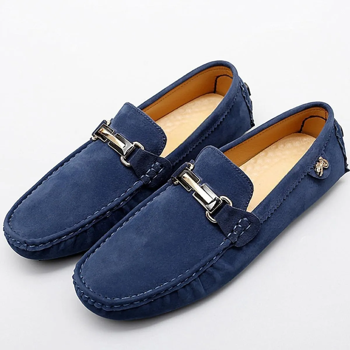 Men's Driving Loafers Black Slip-On with Suede Buckle Detail Moccasins