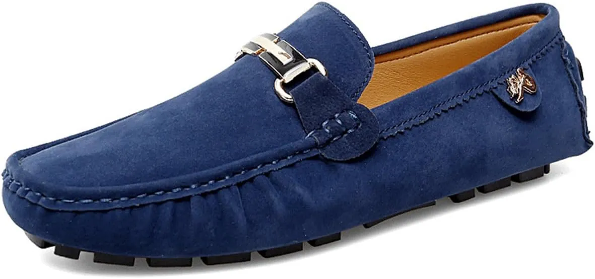 Men's Driving Loafers Black Slip-On with Suede Buckle Detail Moccasins