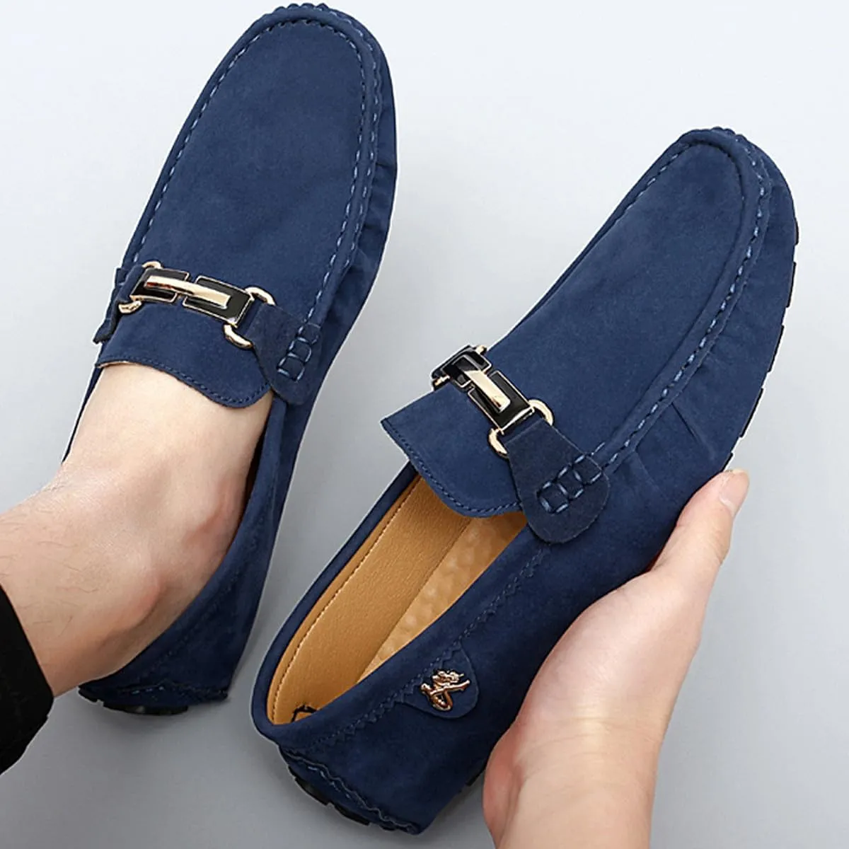 Men's Driving Loafers Black Slip-On with Suede Buckle Detail Moccasins
