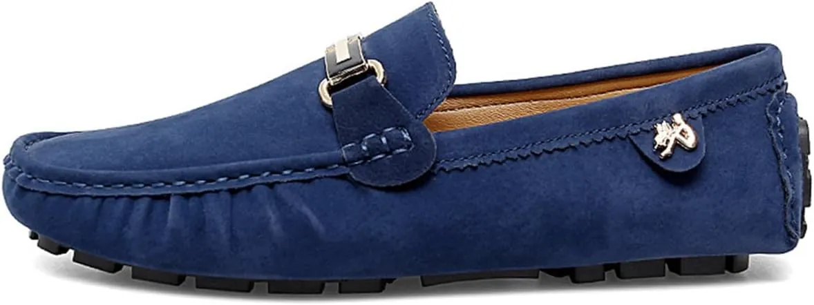 Men's Driving Loafers Black Slip-On with Suede Buckle Detail Moccasins