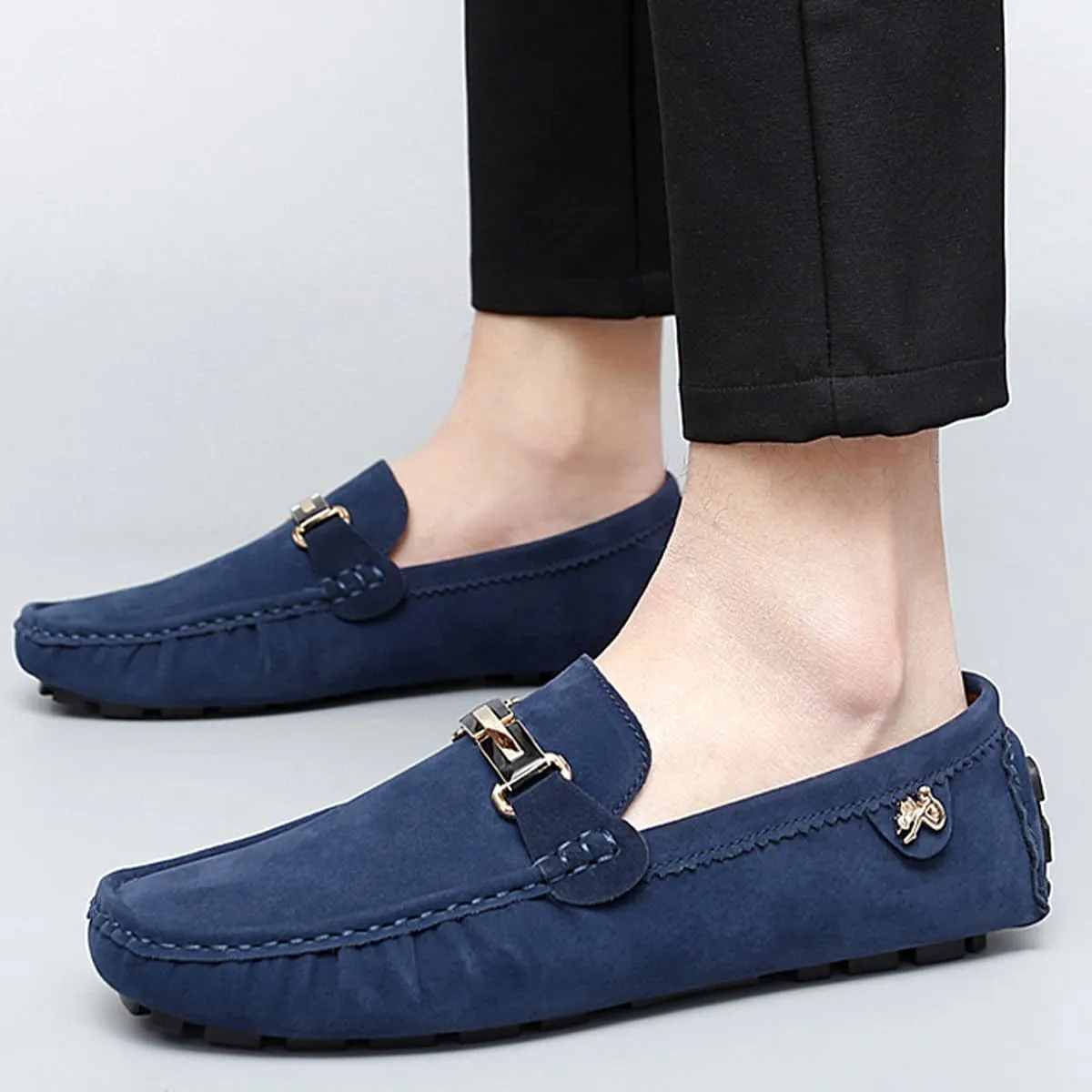 Men's Driving Loafers Black Slip-On with Suede Buckle Detail Moccasins