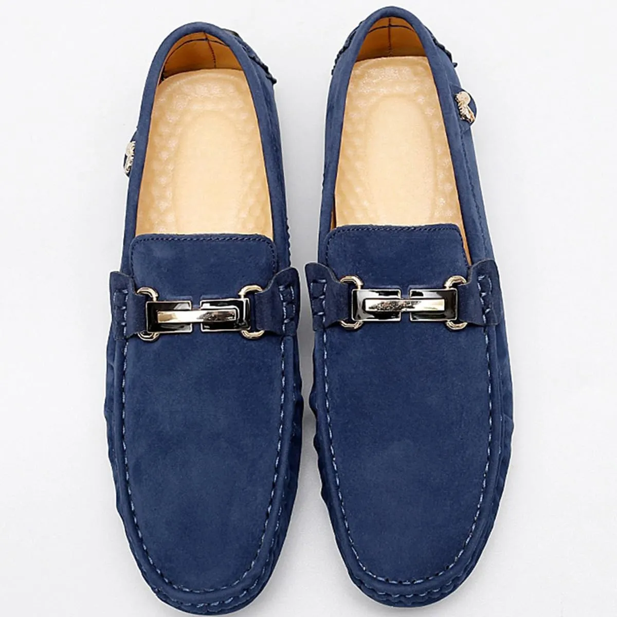 Men's Driving Loafers Black Slip-On with Suede Buckle Detail Moccasins