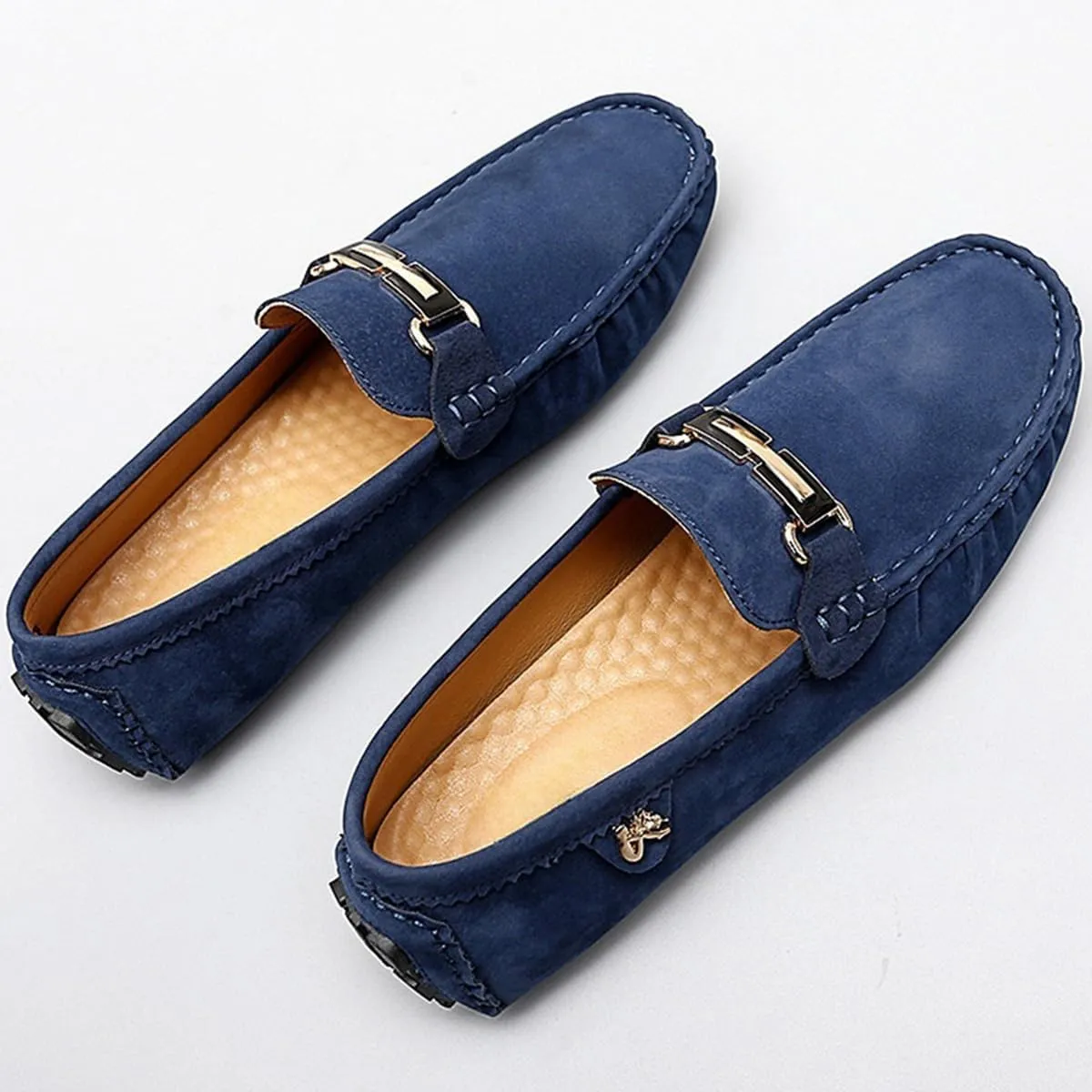 Men's Driving Loafers Black Slip-On with Suede Buckle Detail Moccasins