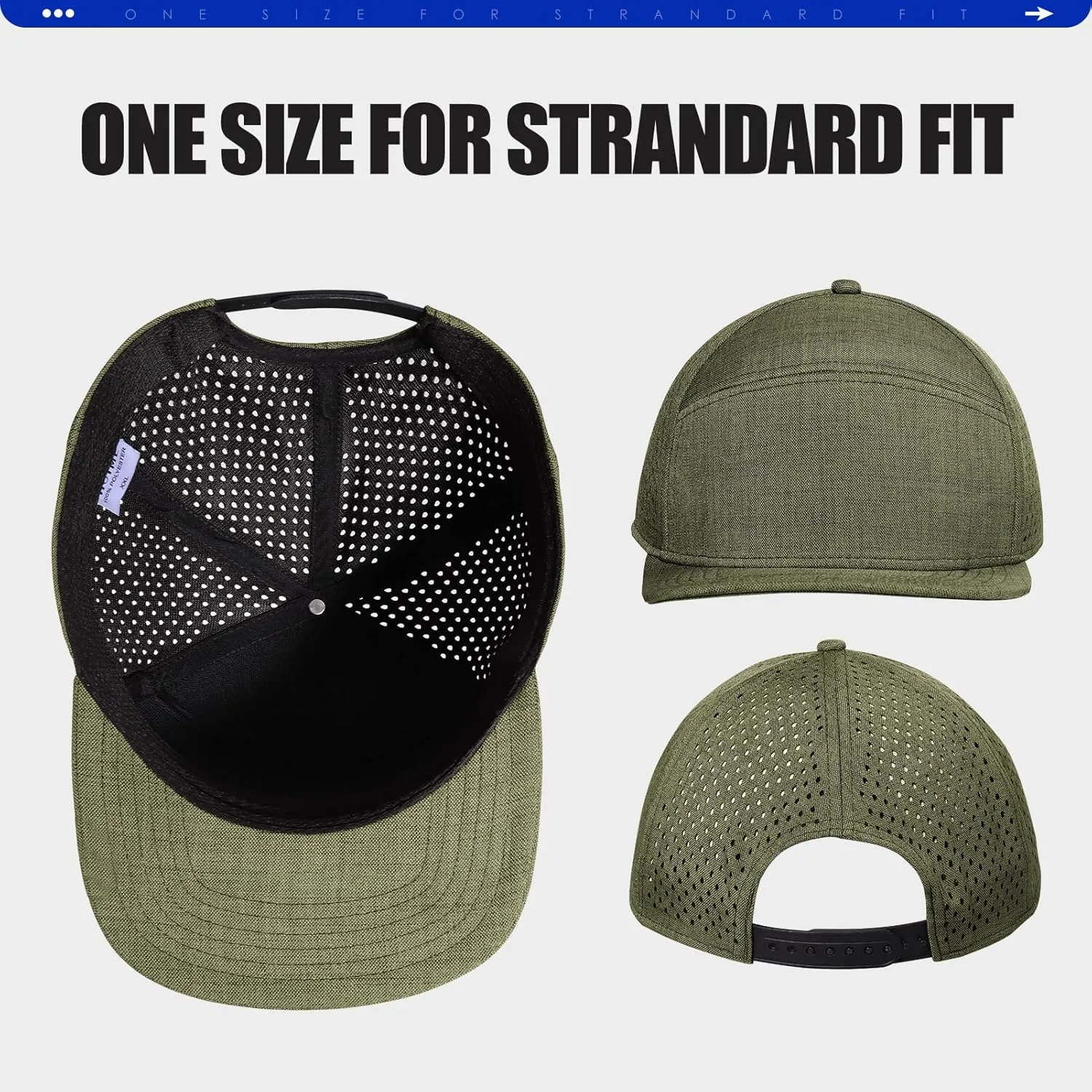 Men's Flat Brim Baseball Cap Adjustable Performance Snapback Trucker Hat Laser Perforated Cap 6 Panel Blank Hats