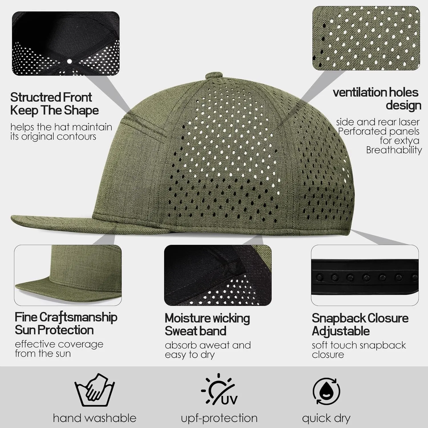 Men's Flat Brim Baseball Cap Adjustable Performance Snapback Trucker Hat Laser Perforated Cap 6 Panel Blank Hats