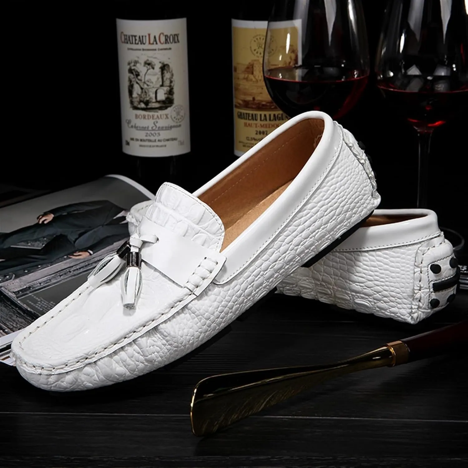 Men's Genuine Leather Loafers with Tassel, Round Toe, Faux Crocodile Grain, Slip-Resistant, Flexible, Comfortable Fashion Slip-Ons
