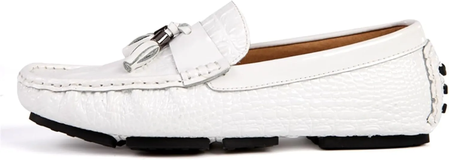 Men's Genuine Leather Loafers with Tassel, Round Toe, Faux Crocodile Grain, Slip-Resistant, Flexible, Comfortable Fashion Slip-Ons