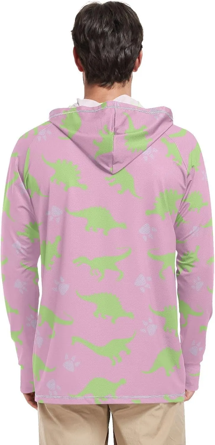 Men's Sun Protection Hoodie Long Sleeve Pink Dinosaurs Sun Shirt with Hood UPF 50  Sunproof Shirts Rash Guard with