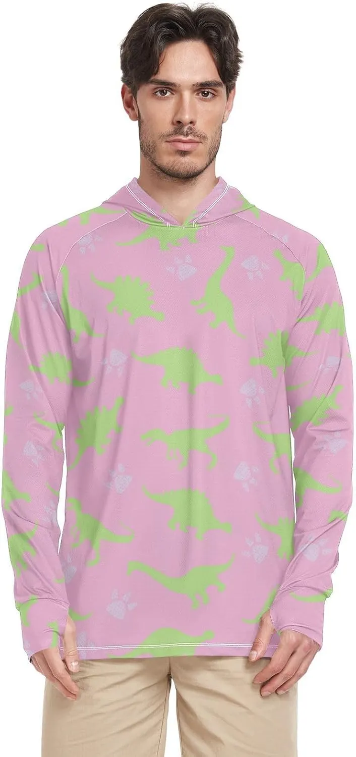 Men's Sun Protection Hoodie Long Sleeve Pink Dinosaurs Sun Shirt with Hood UPF 50  Sunproof Shirts Rash Guard with